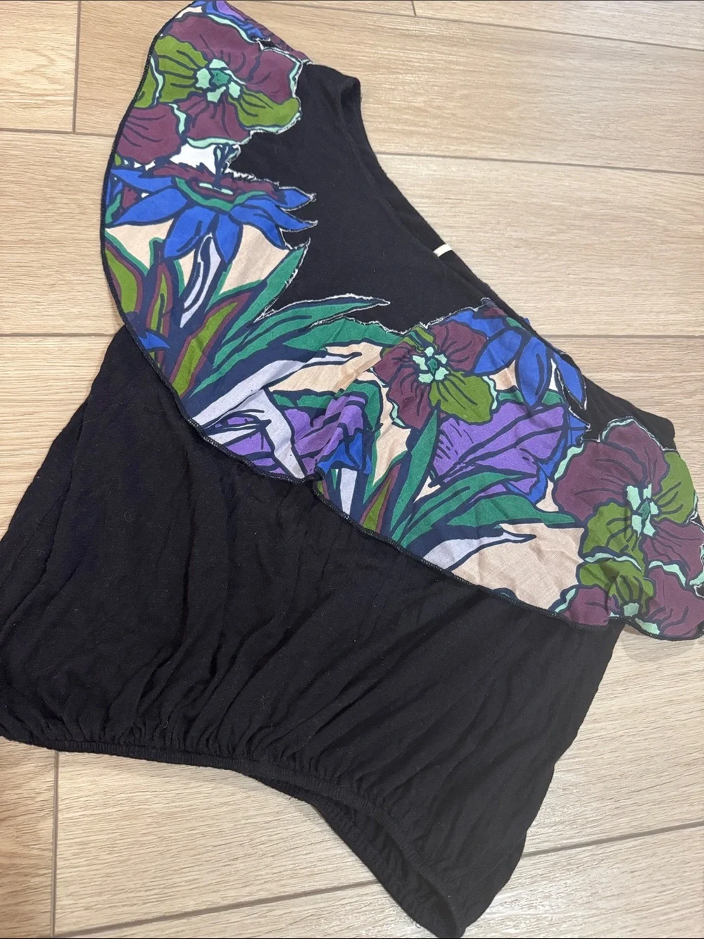 Free People Shirt Black Annka Bubble Hem One Shoulder Floral Top Sz XS
